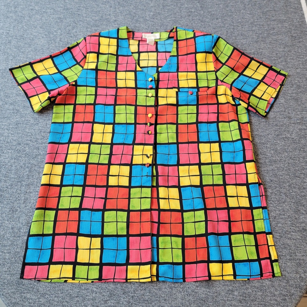 Christie & Jill Vintage Multi Color Grid Button Front Blouse Large Short Sleeve